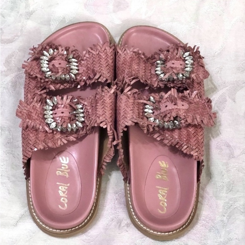 Anthropologie Coral Blue Italian Woven Leather Jeweled Footbed Buckle Sandal 8.5 - Picture 2 of 14